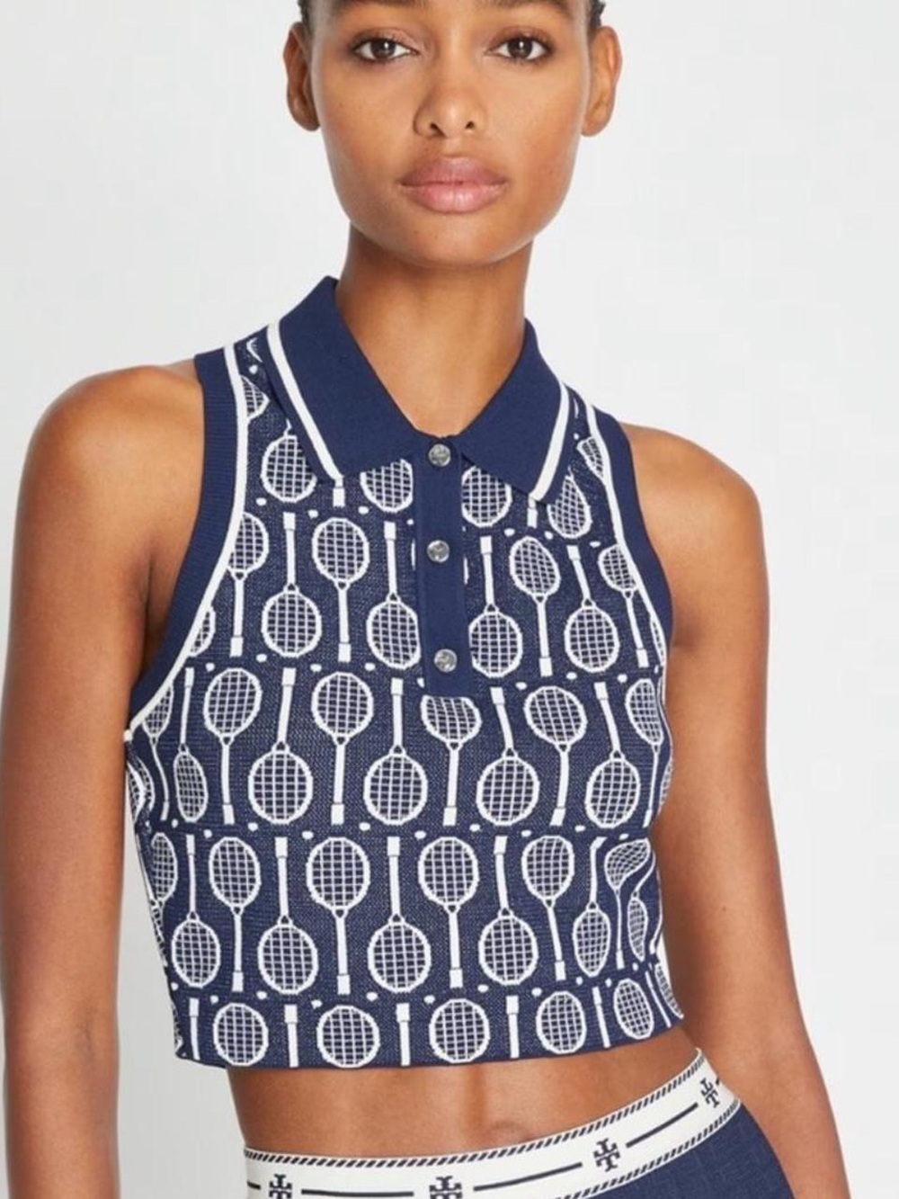 Tory Burch Navy Sleeveless Polo Crop Top with Tennis Racket Jacquard Size Large